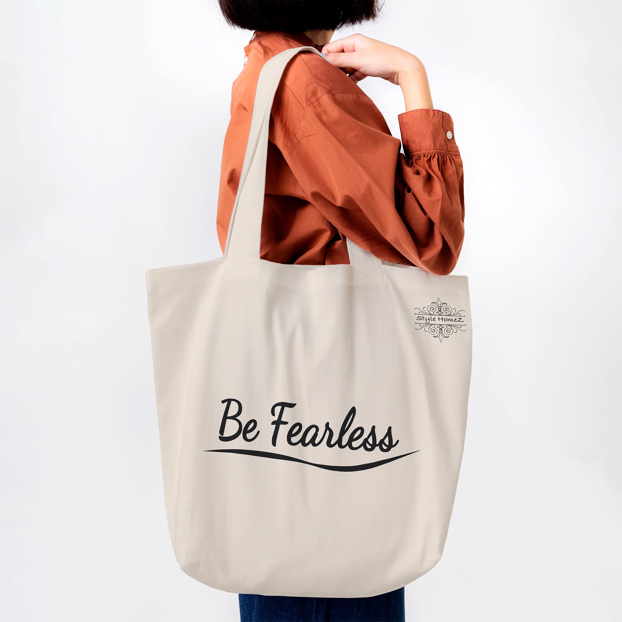 Style Homez Classic Eco-Friendly & Reusable Cotton Canvas Grocery Tote Bag, Medium Size 16 x 14 Inch Natural Color (BE FEARLESS)