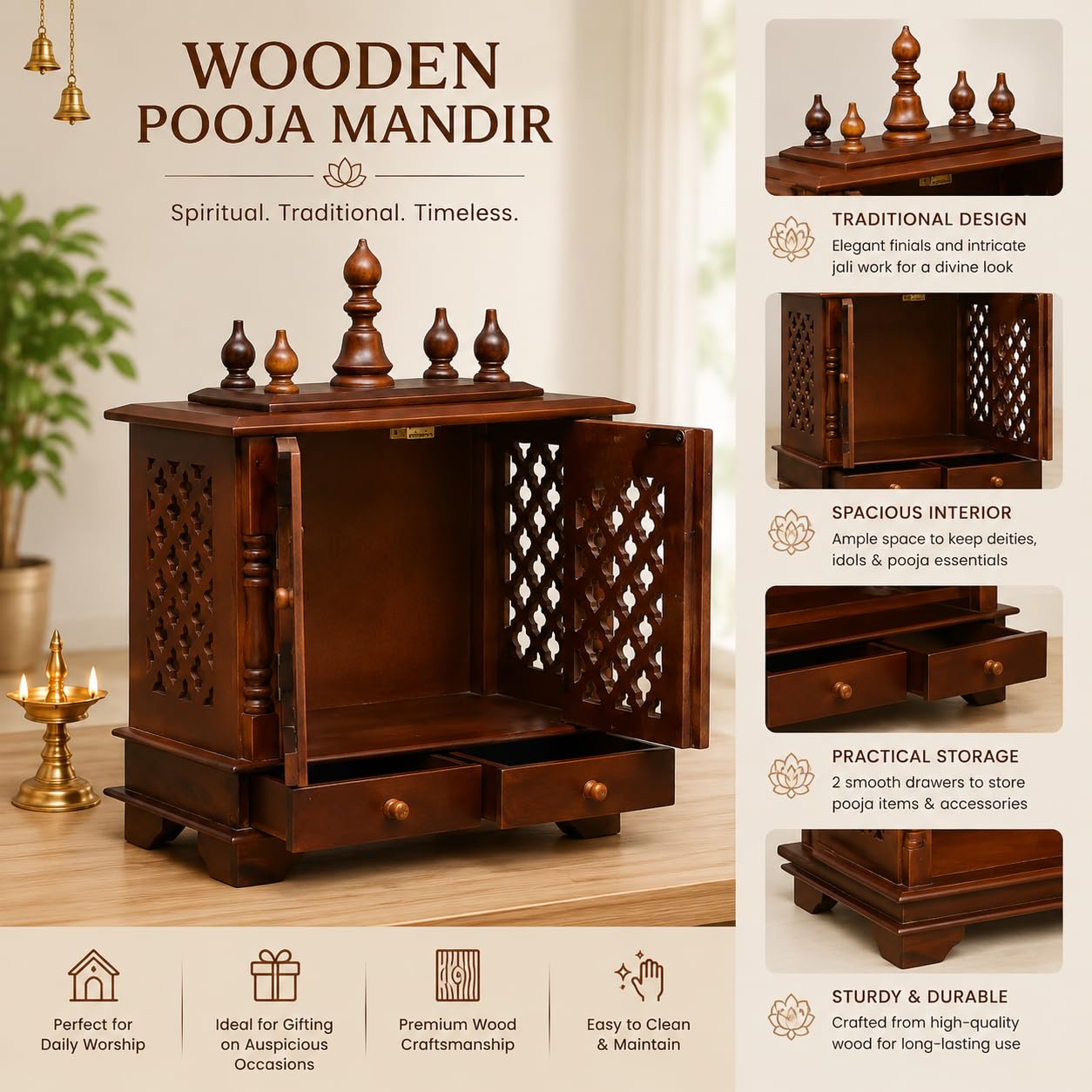 Kamdhenu Art and Craft Wooden Temple/Home Temple/Pooja Mandir/Pooja Mandap/Temple for Home(Jna),52 cm,45 Cm