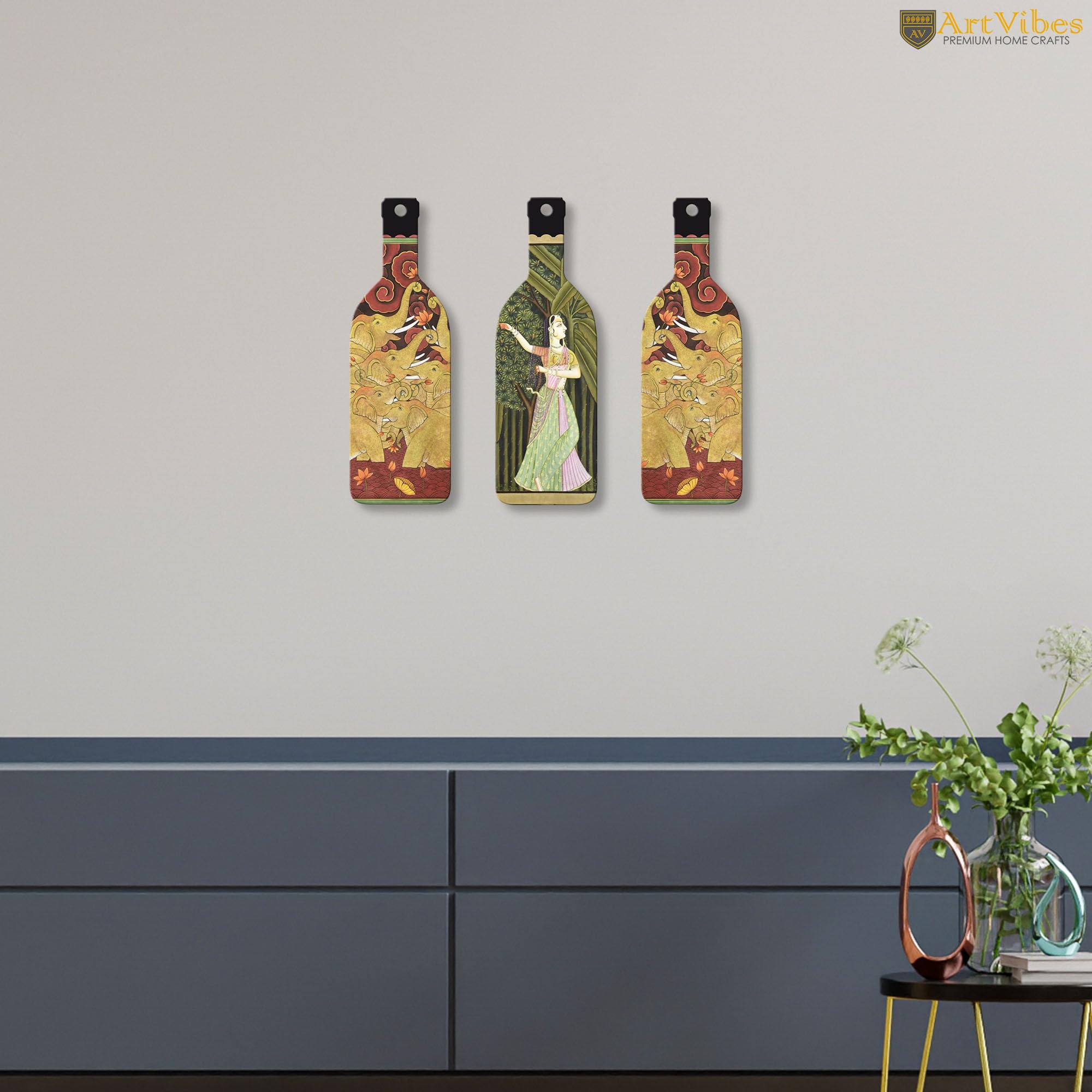 Artvibes Indian Folk Art Decor Bottle shaped Wooden Wall Hanging | Printed Wall Decoration | Scenery For Drawing Room | Wall Illustrations | Ethnic Wall Decor | Ideal Gifts (WH_9516N), Set of 3