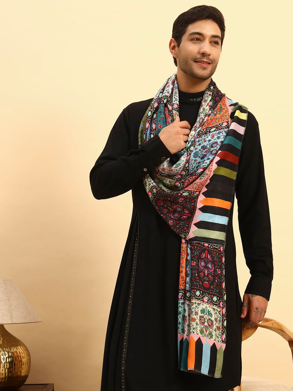 Pashmoda Men Floral Sonata Royal Fine Soft Bamboo Fibre Stole, Multicoloured Design, Evening Wrap, Luxury Pashmina Style Scarf, Wrap, Sustainable and Natural Fabric (Size 28x80,Multi colour) MISST32