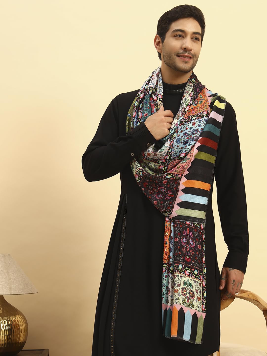 Pashmoda Men Floral Sonata Royal Fine Soft Bamboo Fibre Stole, Multicoloured Design, Evening Wrap, Luxury Pashmina Style Scarf, Wrap, Sustainable and Natural Fabric (Size 28x80,Multi colour) MISST32