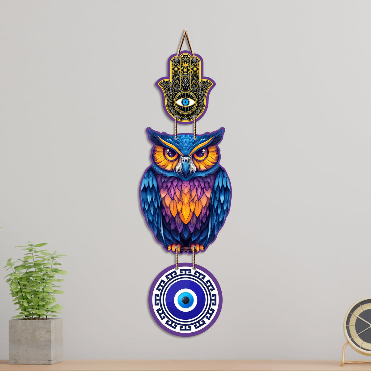 Artvibes Lucky Owl Nazar Battu Wall Hanging for Main Door & Entrance | Evil Eye MDF Decorative Wall Art | Positive Energy Vastu Decor for Living Room | Balcony | Office | Hallway | Gift (WH_8529N)