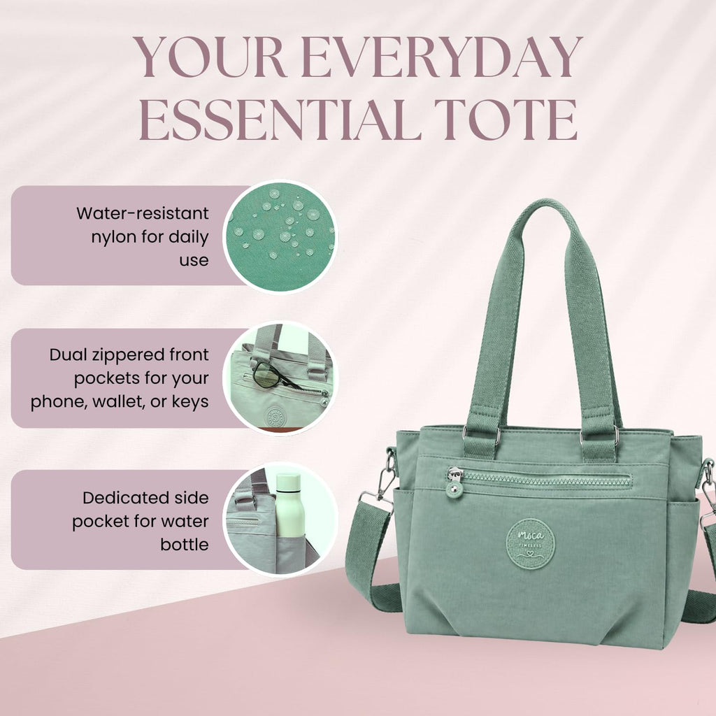 MOCA Women Nylon Tote Bag Lightweight Waterproof Handbag Large Capacity Multi Compartment Shoulder Crossbody Bag Daily Use Office Travel College Ladies Purse with Zipper (Matcha)