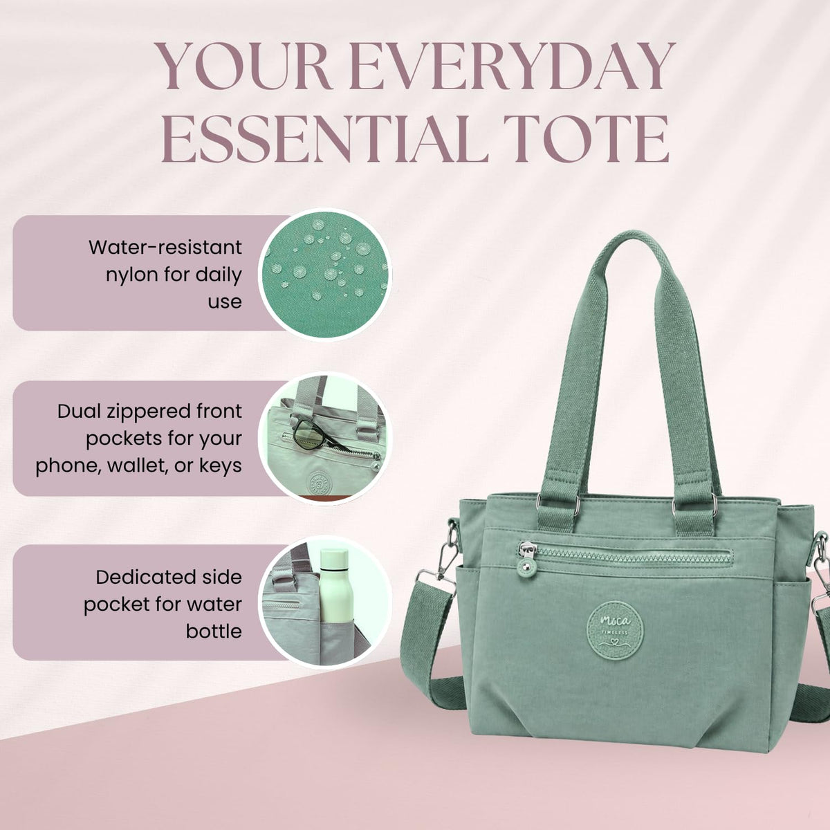 MOCA Women Nylon Tote Bag Lightweight Waterproof Handbag Large Capacity Multi Compartment Shoulder Crossbody Bag Daily Use Office Travel College Ladies Purse with Zipper (Matcha)