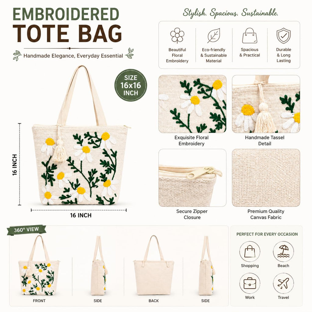OLL Floral Canvas Tote Bag for Women | Pinterest Viral Aesthetic Tote Bag | 15x15 Inch Large Reusable Shoulder Bag | Summer Casual Daily Use Handbag for Office, College, Shopping & Travel - DGSN-20