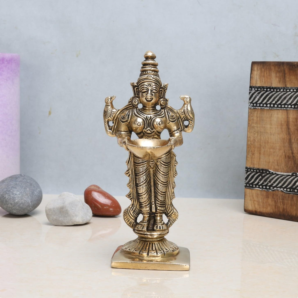 ARTVARKO Brass Deep Lakshmi Lady Diya Oil Lamp Standing with Lamps Deeplaxmi Statue Religious Showpiece 6 Inch.