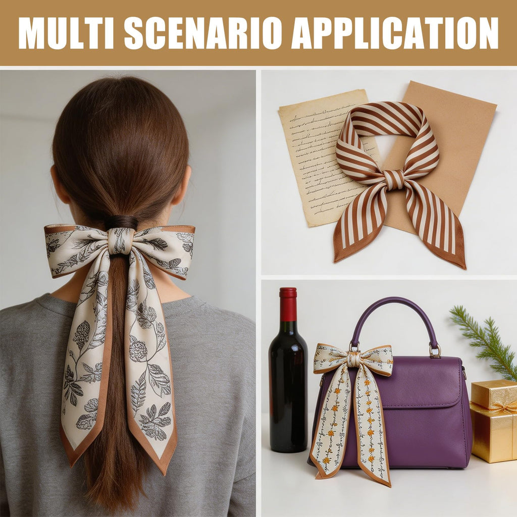 FFZDENA 4-Pack Hair Scarf for Women, Stylish Khaki French Retro Ribbon Tie, Polyester Satin Purse Wrap and Twilly for Handbag Handle Wrapping