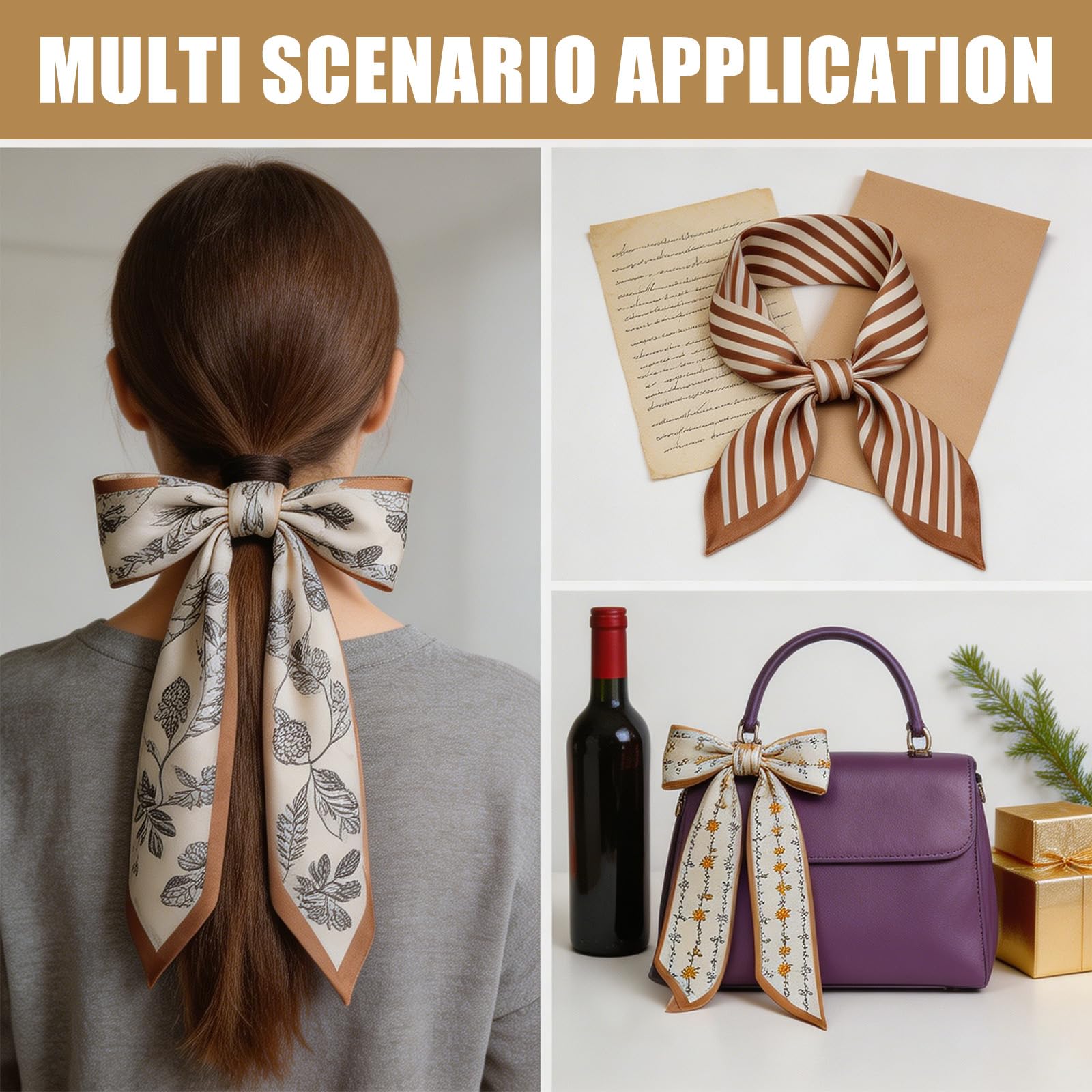 FFZDENA 4-Pack Hair Scarf for Women, Stylish Khaki French Retro Ribbon Tie, Polyester Satin Purse Wrap and Twilly for Handbag Handle Wrapping