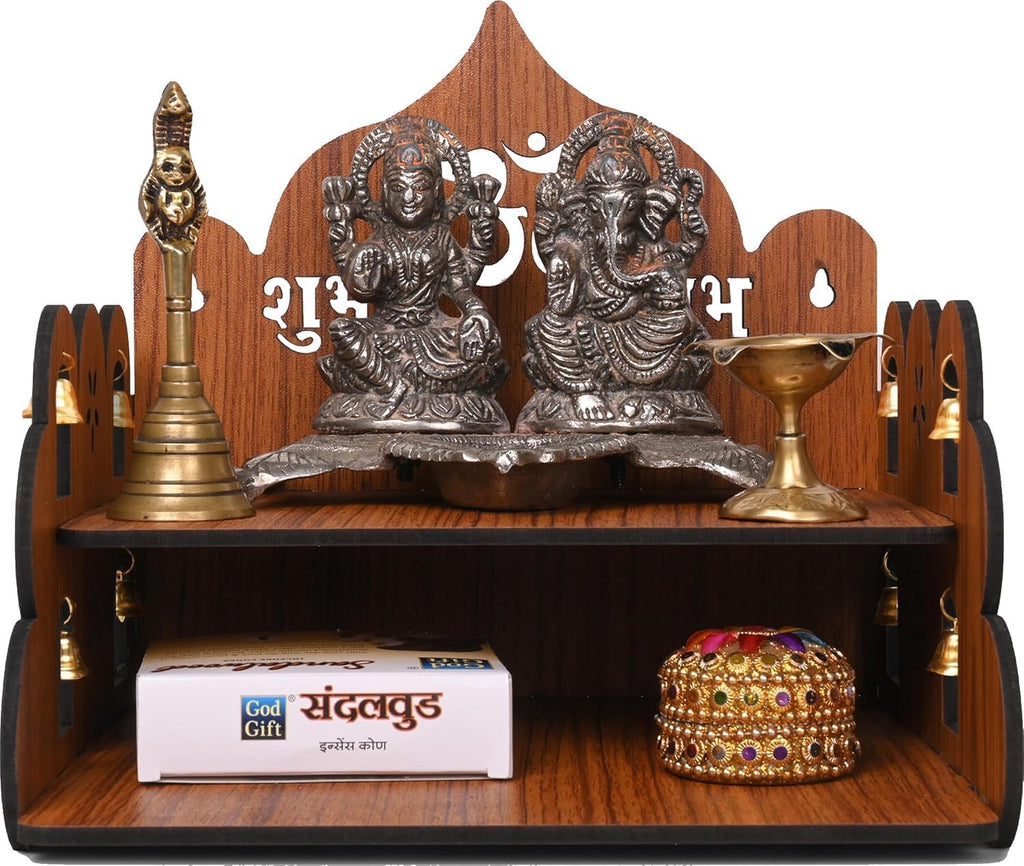 FLYUP Wooden Mandir for Home Pooja | Wall & Tabletop Temple with Ganesh Cutout | Solid Wood Finish Home Temple with Storage Shelf (Om Shubh Labh)