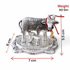 KridayKraft Kamdhenu Cow with Calf Metal Rajasthani Handicrafts Decorative Showpiece for Gifting Anniversary Valentine's Day (Silver)