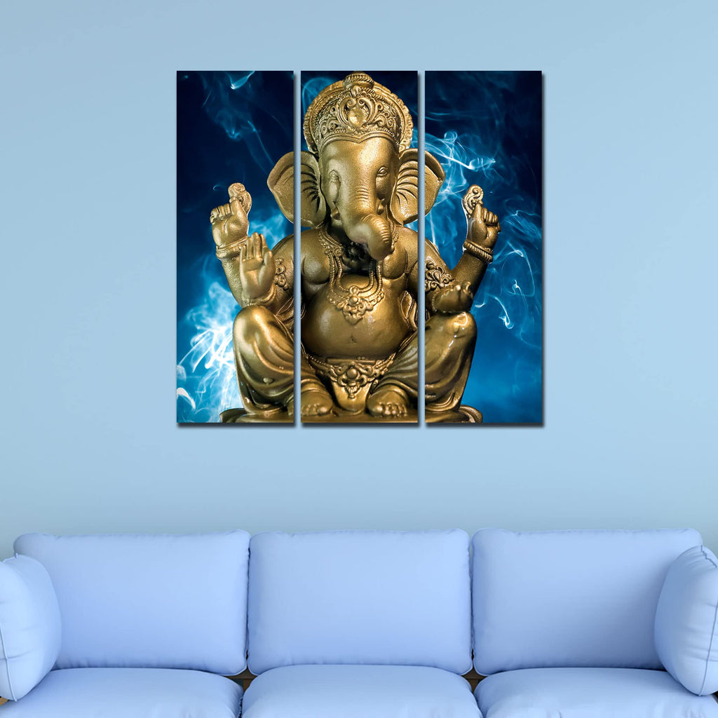 VIBECRAFTS 3 Pieces Sculpture Golden Shree Ganesha Canvas Wall Painting Fitted With Wooden Frame For Home | Office | Living Room | Gifts (PTVC3Pcs1_9567)