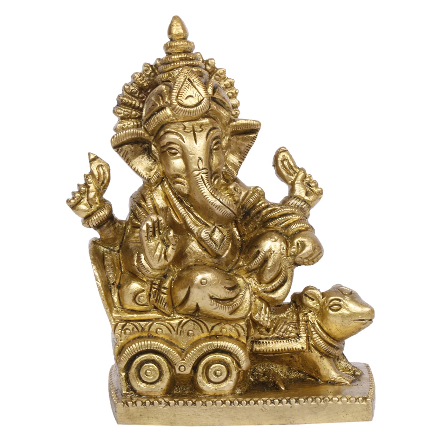 ARTVARKO Brass Ganesha Riding on Chariot Pulled by Rat Ganesh Ganpati Statue Idol for Home Office Puja Temple Home Décor Gift (Size 8x4x9.5)