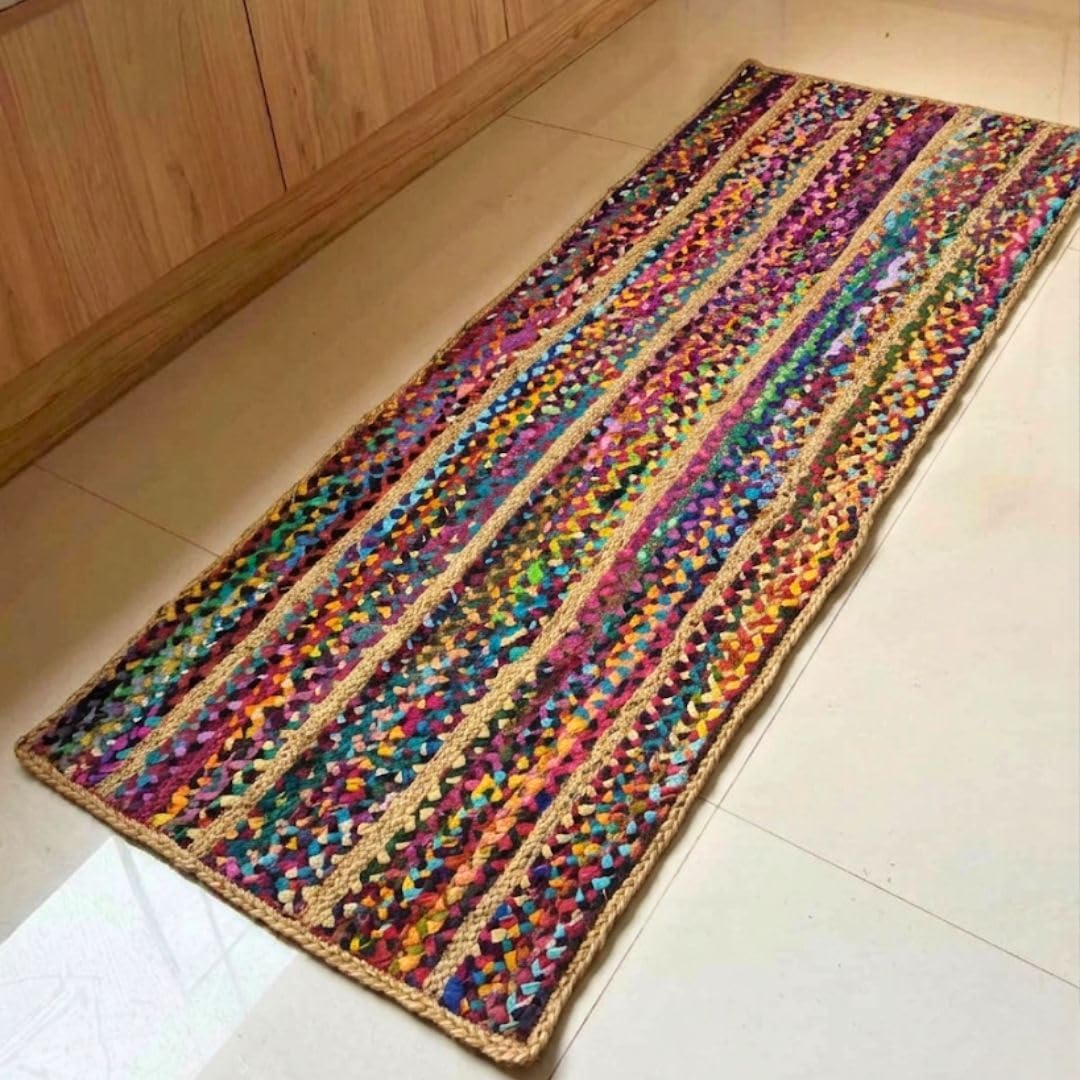 ATRANGI STUDIO Stripe Weave Jute Rug | Handwoven Braided Design Mat | Rectangular Floor Rug for Living Room, Bedroom, Reading Corner | Boho Home Decor | 20x55 inch, Multicolour