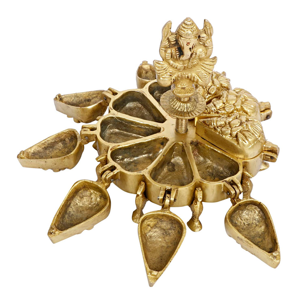 SVARUP Brass Nine Compartment Box Chopda Multiple Box for Vermillion Haldi Chandan Kumkum Sindoor with Ganesh Ganpati Murti Idol 6 Inch