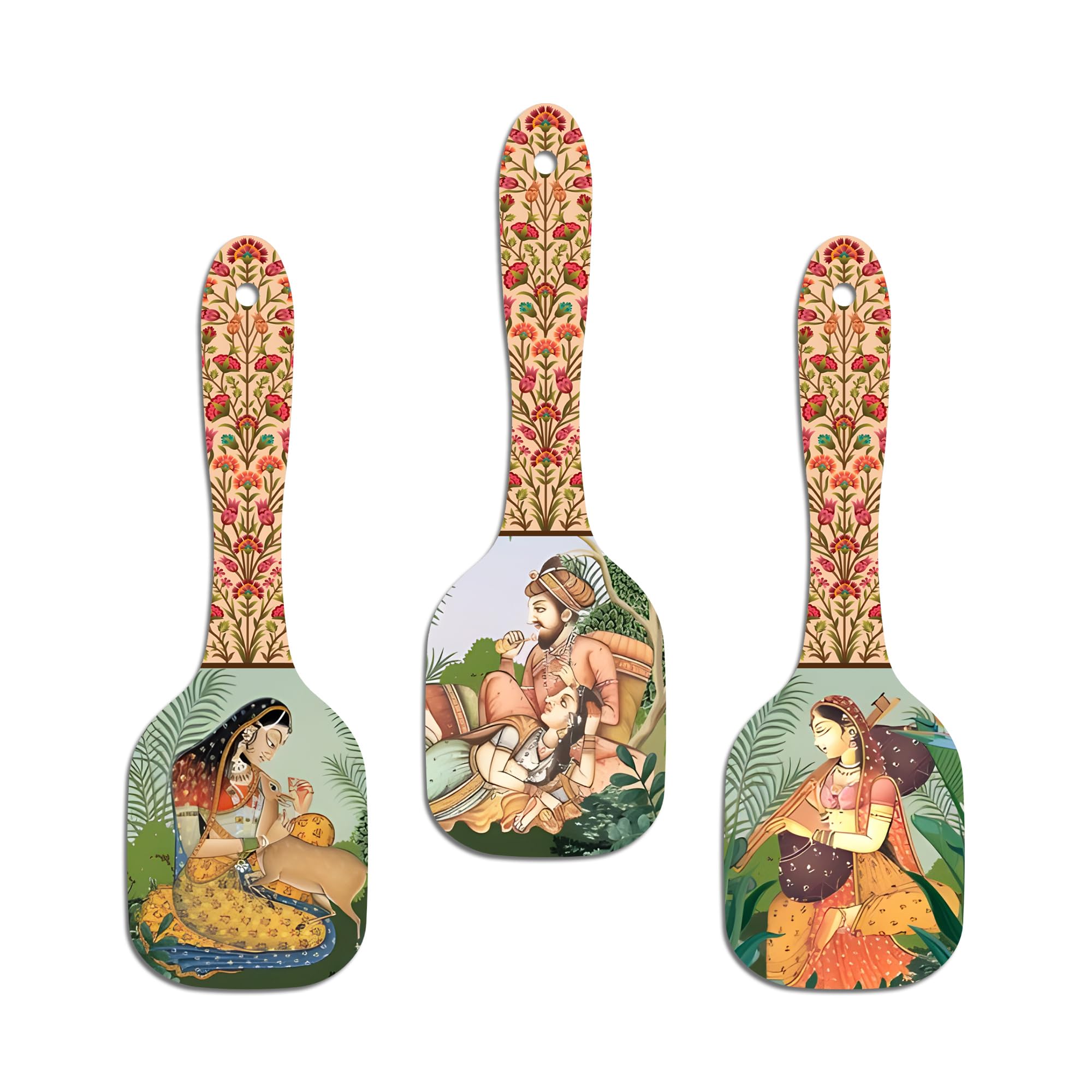 Artvibes Royal Mural Art Spatula Shape Decor Wall Hanging | Mughal Art Decor Items | Wall Accent | Gift Items | Aesthetic Wooden Decor | Ethnic Wall Decor | Art Print(WH_11002N), Set of 3