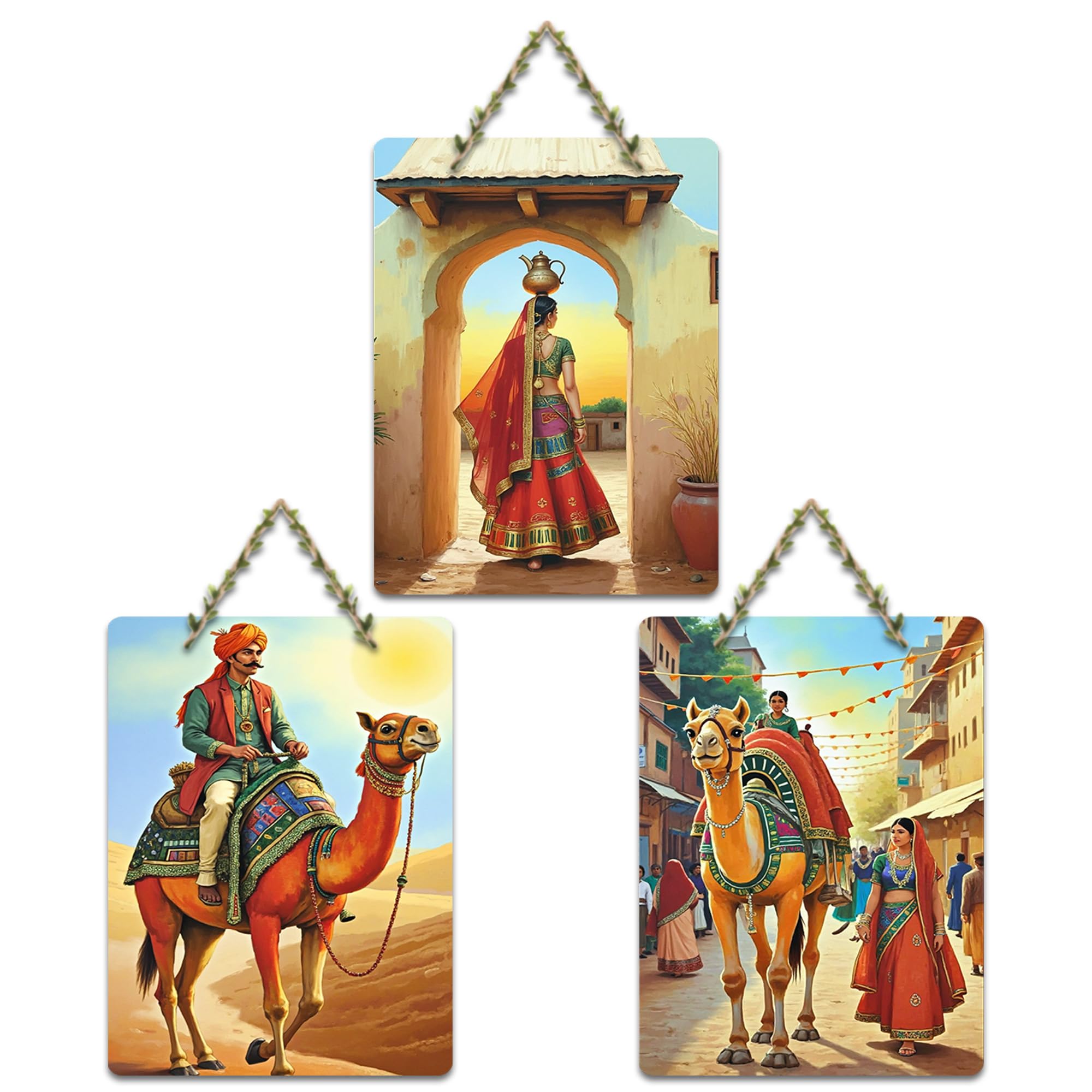 Artvibes Traditional Rajasthani Village Life Theme Decorative Wall Hanging Ornaments | Wall Sculpture | Signs & Plaques | Handcrafted Art | Artwork | Wall Poster | Ideal Gifts (WH_9662N), Set of 3