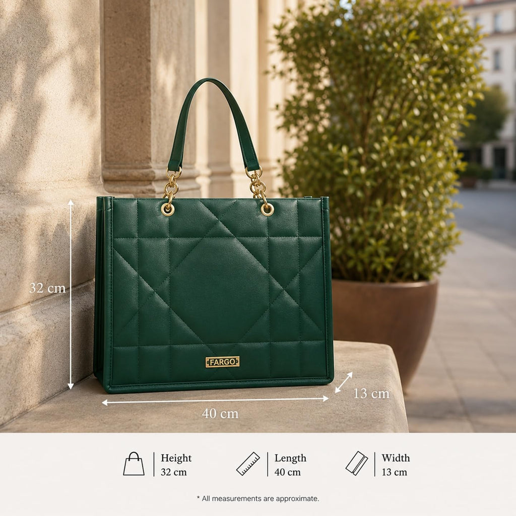 Fargo Matrix Tote Bag for Women | Vegan Leather Handbag with 15-Inch Laptop Compartment, Smooth Zip | Stylish Office, College & Daily Use Tote | Made in India (Green)