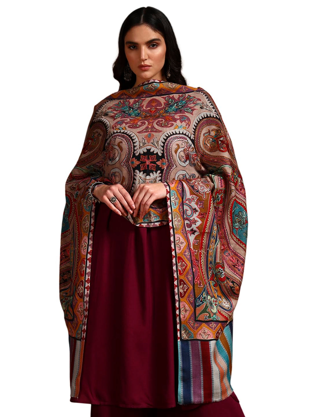 Pashmoda Women Rangdil 100% Pure Wool Fabric Kalamkari Embroidered Stole, Shawl and Wrap, Sustainable and Natural Fabric, Heritage Kashmiri Pashmina (Size 28x80 Inches) Beige Colour KAST02