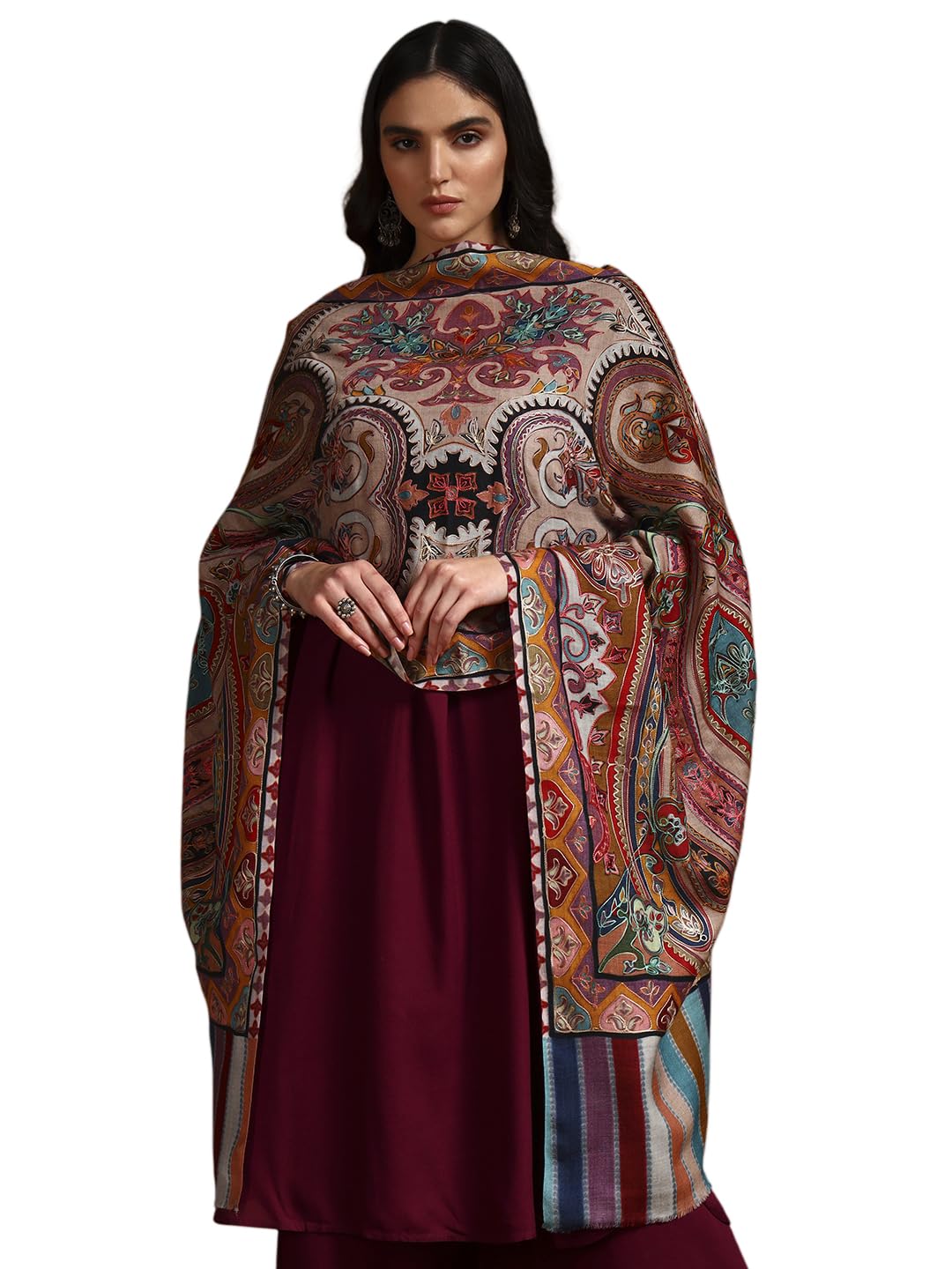 Pashmoda Women Rangdil 100% Pure Wool Fabric Kalamkari Embroidered Stole, Shawl and Wrap, Sustainable and Natural Fabric, Heritage Kashmiri Pashmina (Size 28x80 Inches) Beige Colour KAST02
