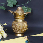 ARTVARKO Brass Laxmi Ganesha Carving Mangal Kalash with Coconut & Leafs for Gift Pooja Temple and Home Decorative Items Size 7 Inches
