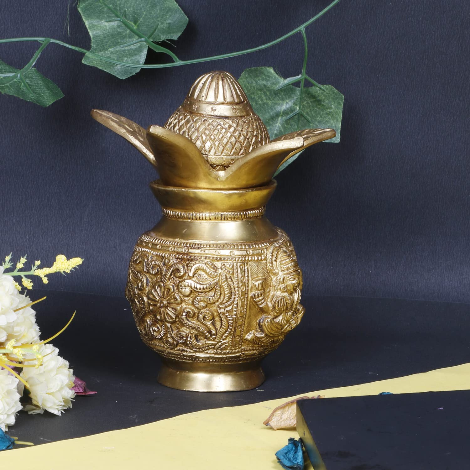 ARTVARKO Brass Laxmi Ganesha Carving Mangal Kalash with Coconut & Leafs for Gift Pooja Temple and Home Decorative Items Size 7 Inches