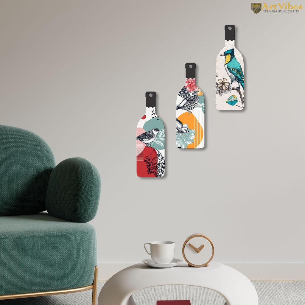 Artvibes Birds on Branch Decor Bottle shaped Wooden Wall Hanging | Living Room | Office | Cafe | Painting Wall Decor | Handcrafted Art | Aesthetic Wooden Decor | Gift Items (WH_9528N), Set of 3