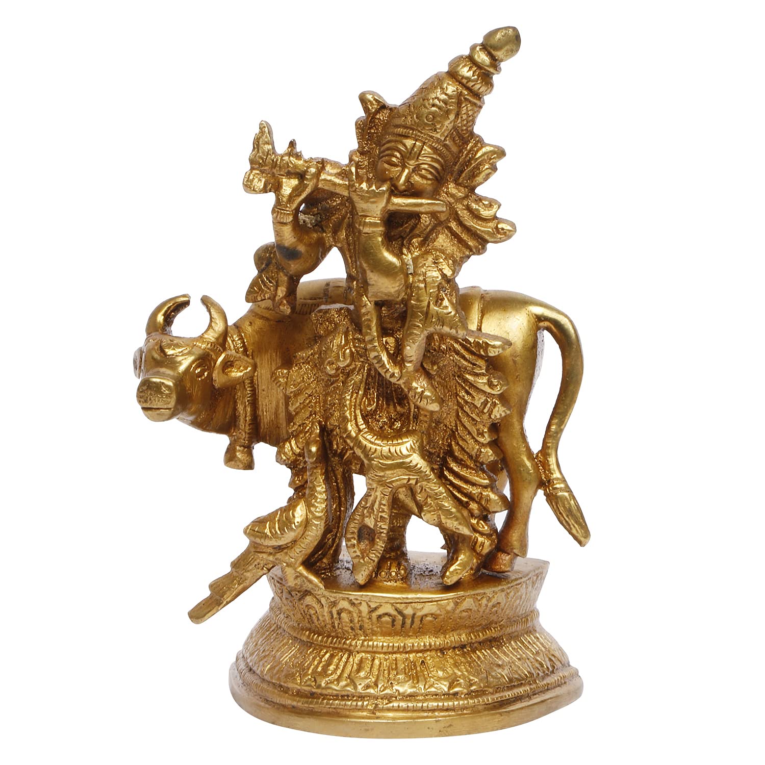 ARTVARKO Brass Krishna Playing Flute with Kamdhenu Cow and Peacock Idol Sculpture Home Decor for Living Room Pooja Gift Item Height 5 Inch