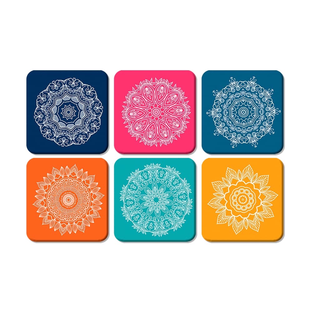 Artvibes Printed MDF Wooden Coasters for Home and Kitchen | Dining Table Decor | Square Coasters | Home Decorative Items | Table Items | Kitchen Decor (Set of 6 | 4x4 Inch)(Mandala Pattern) TC_2001