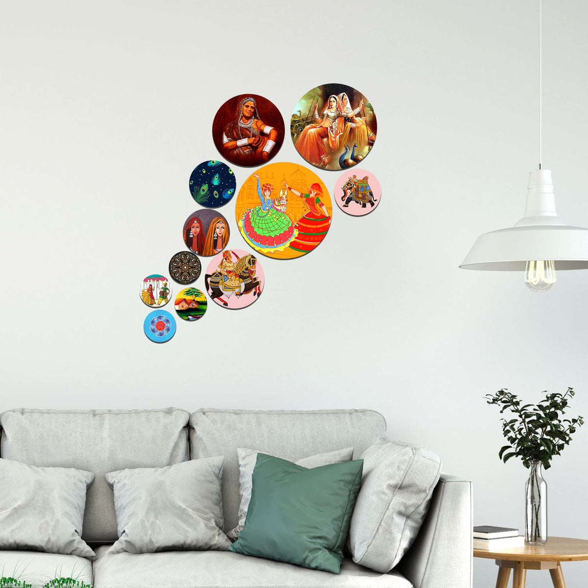 Artvibes Indian Traditional Rajasthani Village Art Round Shape MDF Wooden Wall Decor Items | Printed Wall Decoration | Graphic Artwork | Wall Illustrations | Scenery | Ideal Gift (WPS_119N), Set of 11