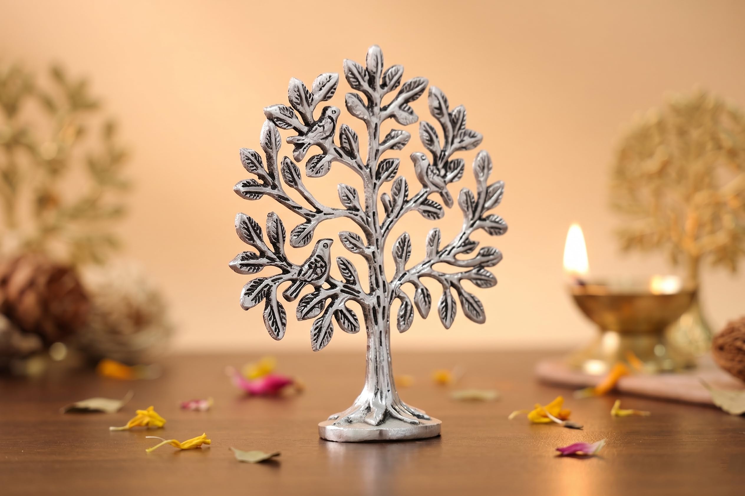 Metal Kalpavriksha Tree for Home Decor - Golden Wish Fulfilling Tree Metal Showpiece for Temple, Vastu, Office Table & Gifting Banyan (No 0 Silver)