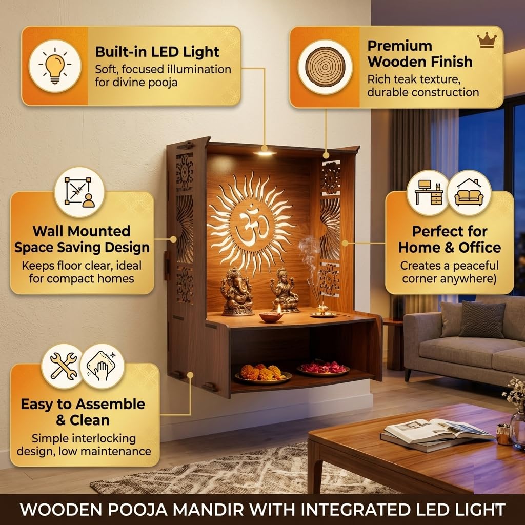 PIXIEDAISY Wooden Temple for Home with LED Light | Wall Mounted Pooja Mandir for Home & Office | Beautiful Wooden Pooja Stand for Living Room, Prayer Room & Hindu Temple Décor (Om with Jali)