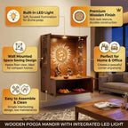 PIXIEDAISY Wooden Temple for Home with LED Light | Wall Mounted Pooja Mandir for Home & Office | Beautiful Wooden Pooja Stand for Living Room, Prayer Room & Hindu Temple Décor (Om with Jali)