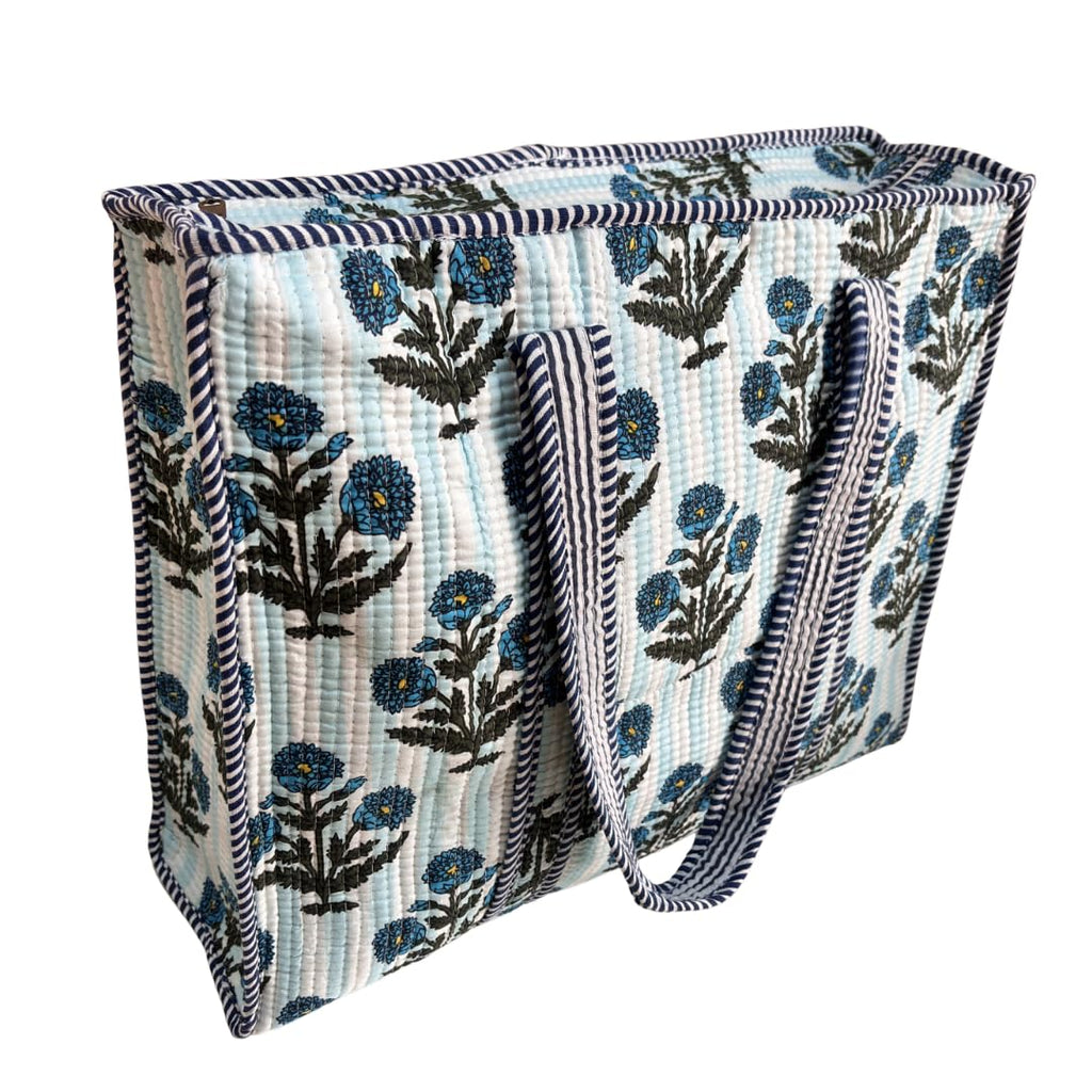 Bazaar Bhoot Edition Premium Cotton Quilted Shopping Tote Bag - Multipurpose Long Lasting Foldable Reusable Bag with zipper for Shopping, Travel & Daily Use (Floral White & Blue (250 GSM Cotton))