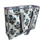 Bazaar Bhoot Edition Premium Cotton Quilted Shopping Tote Bag - Multipurpose Long Lasting Foldable Reusable Bag with zipper for Shopping, Travel & Daily Use (Floral White & Blue (250 GSM Cotton))