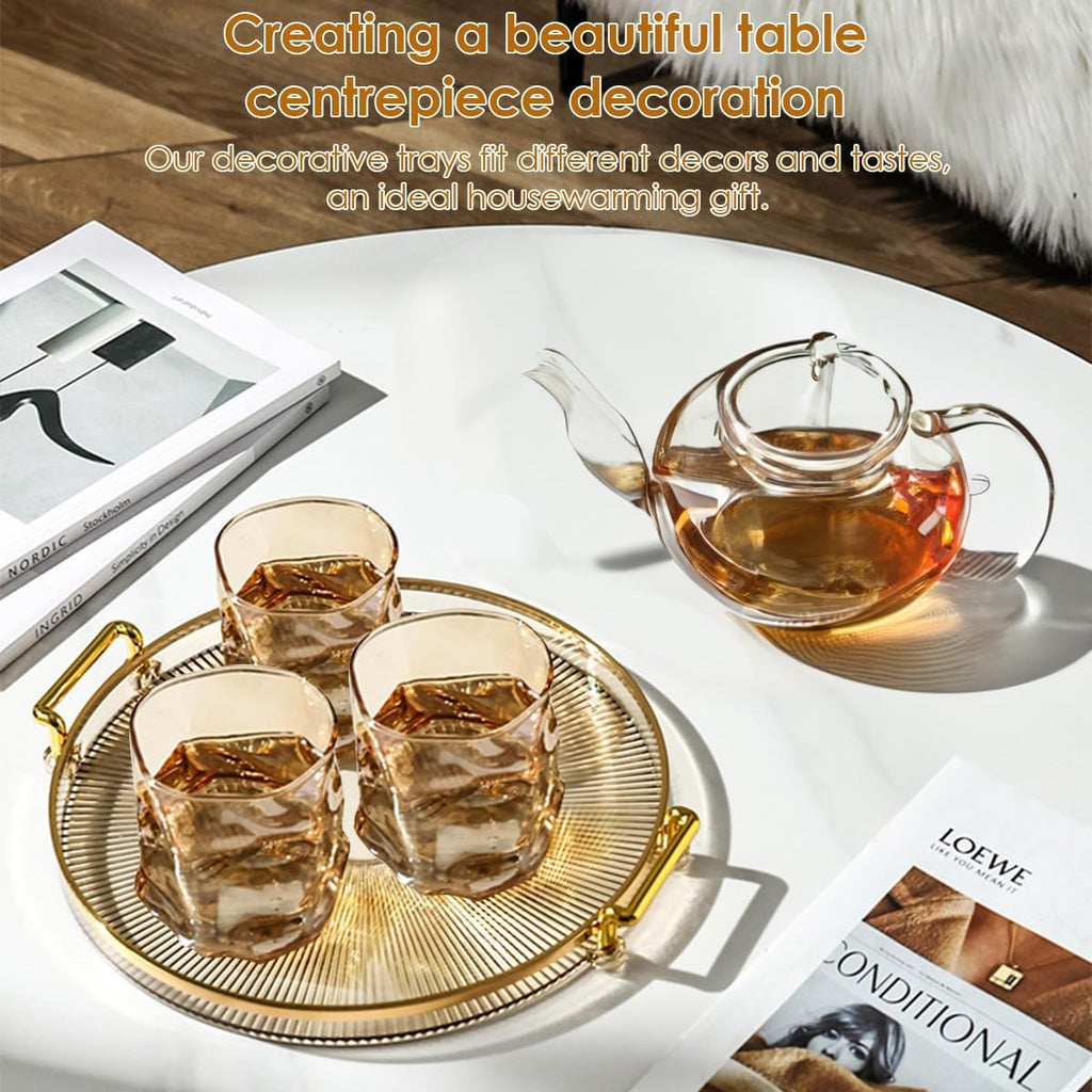 Deoxys Serving Tray with Golden Handles, Acrylic Decorative Tray, Round Coffee Table Tray, Contemporary Decorative Table Tray, for Home, Restaurant, Table, Bar Drinks, Breakfast, Fruit