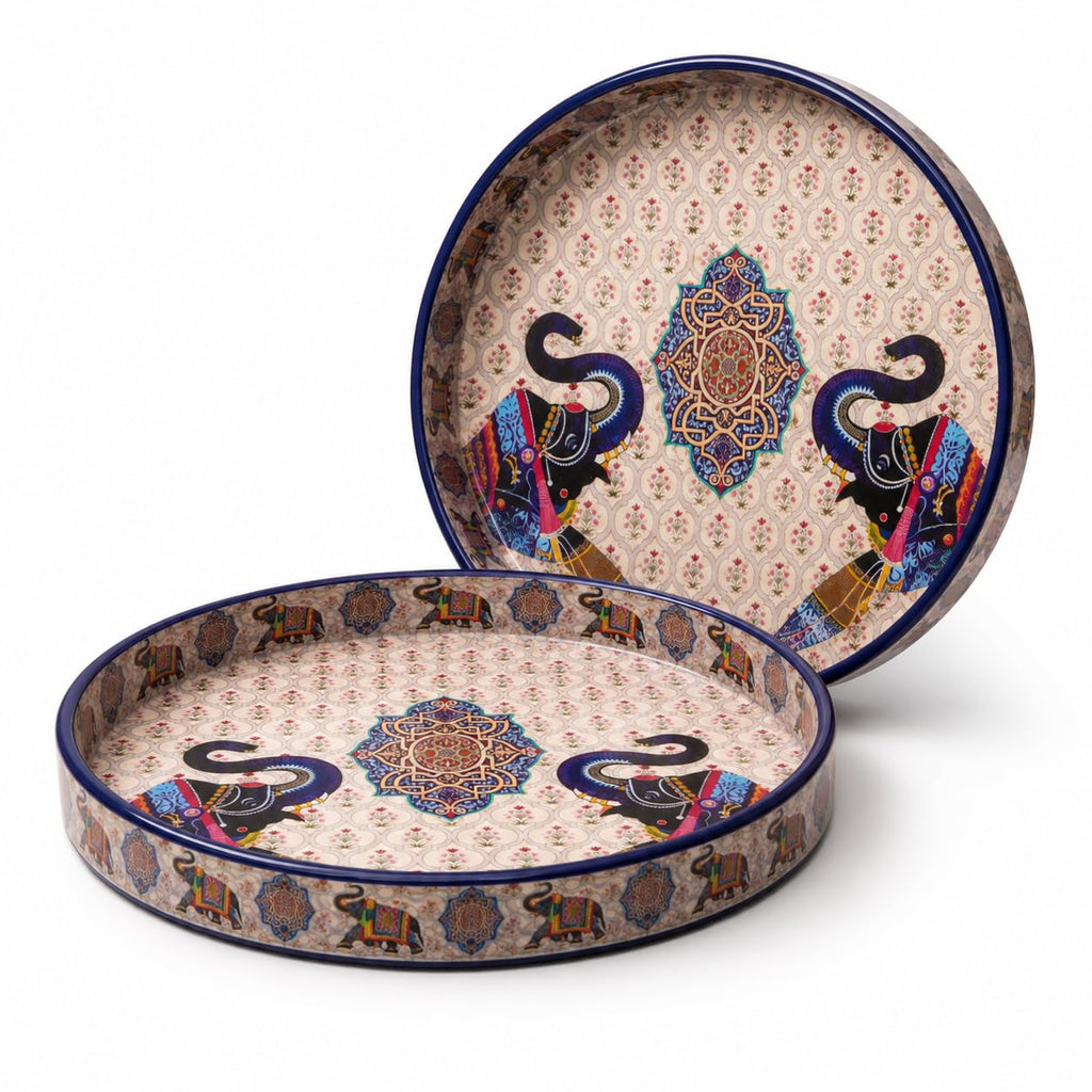 Dreams n Decor Round Wooden Serving Tray Set of 2 | MDF Decorative Trays for Center Table & Dining | Traditional Elephant Print (7 & 9) | Perfect for Tea, Coffee, Snacks & Housewarming Gifts