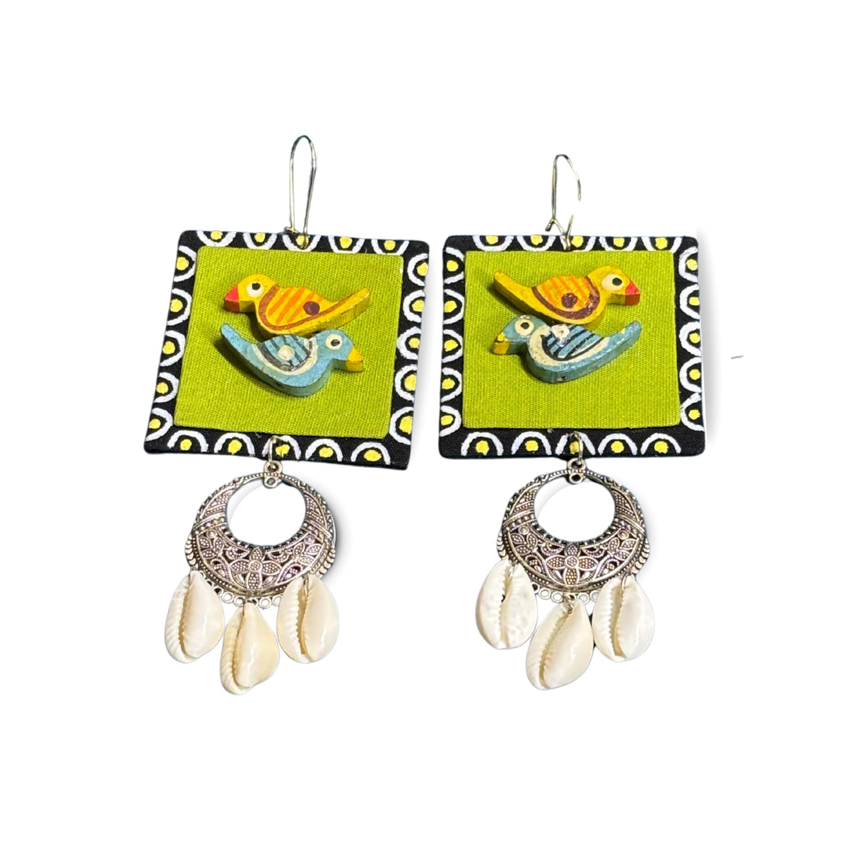 Mornny Kukku Bird Handcrafted Earrings, Boho Style with Cowrie Shell Danglers, Traditional Design, Green and Yellow, Birthdays Festivals