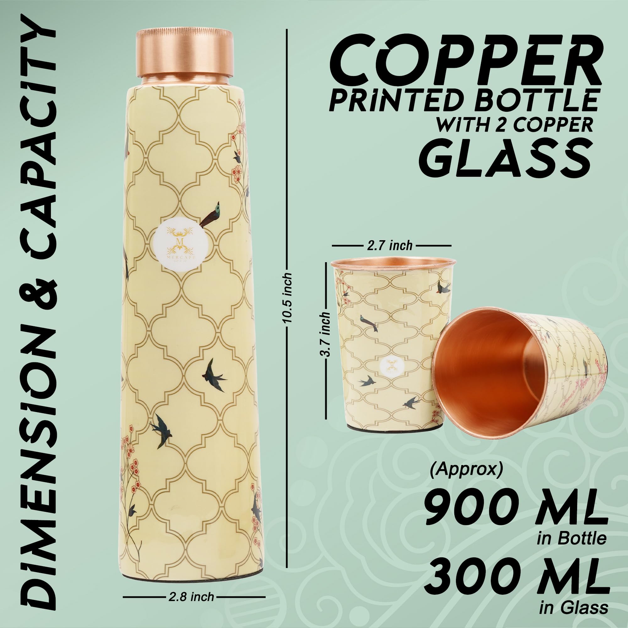 MERCAPE® Pure Copper Water Bottle Gift Set with 2 Copper Glasses (300 ml Each) | Decorative Printed Design | Leak Resistant Screw Cap | Reusable Copper Drinkware Set | 900 ml