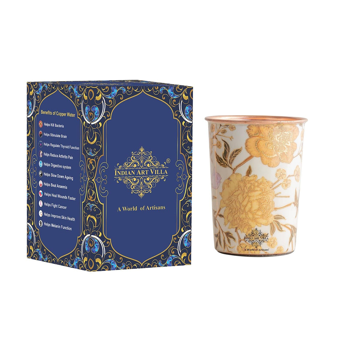 INDIAN ART VILLA Copper Gold Flower Print Glass – 275 ML, Handcrafted Ayurvedic Copper Drinkware for Daily Use, Elegant Water Glass for Home, Office, and Special Gifting, Set of 2