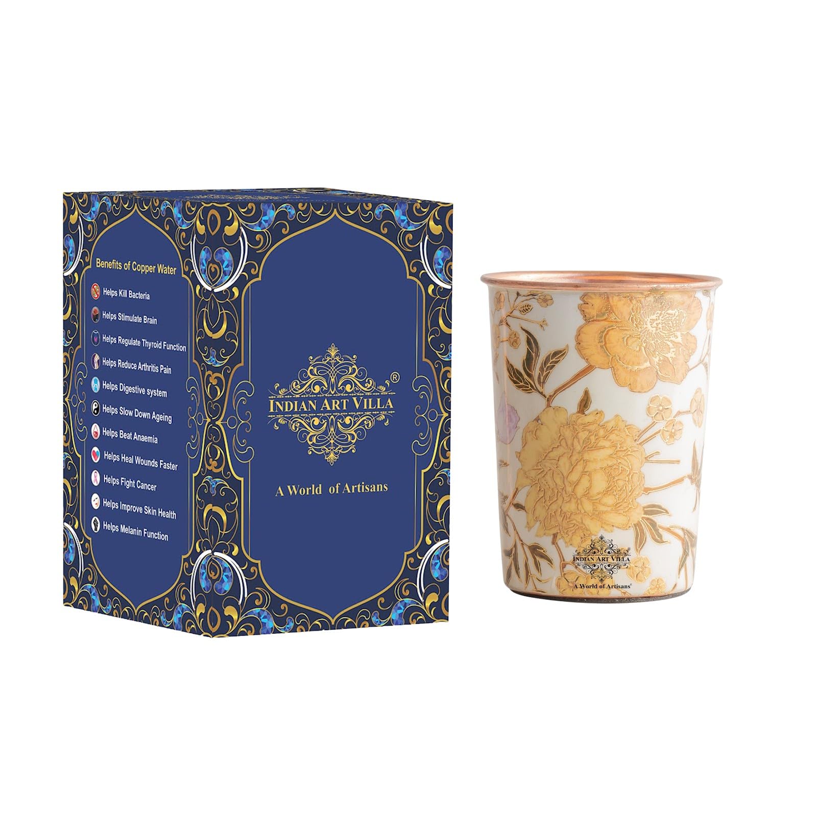 INDIAN ART VILLA Copper Gold Flower Print Glass – 275 ML, Handcrafted Ayurvedic Copper Drinkware for Daily Use, Elegant Water Glass for Home, Office, and Special Gifting, Set of 4