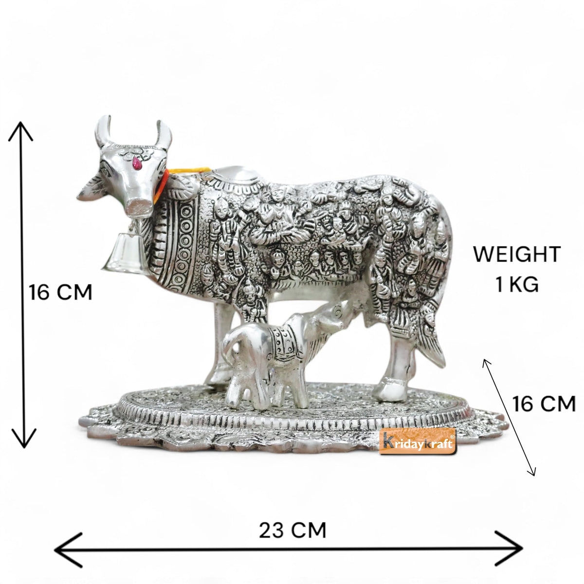 Kamdhenu Cow with Calf Idol for Home Decor | Metal Cow Statue with Intricate Embossed Design | Vastu & Pooja Decorative Showpiece | Temple, Office, Housewarming & Gift Item (Silver)