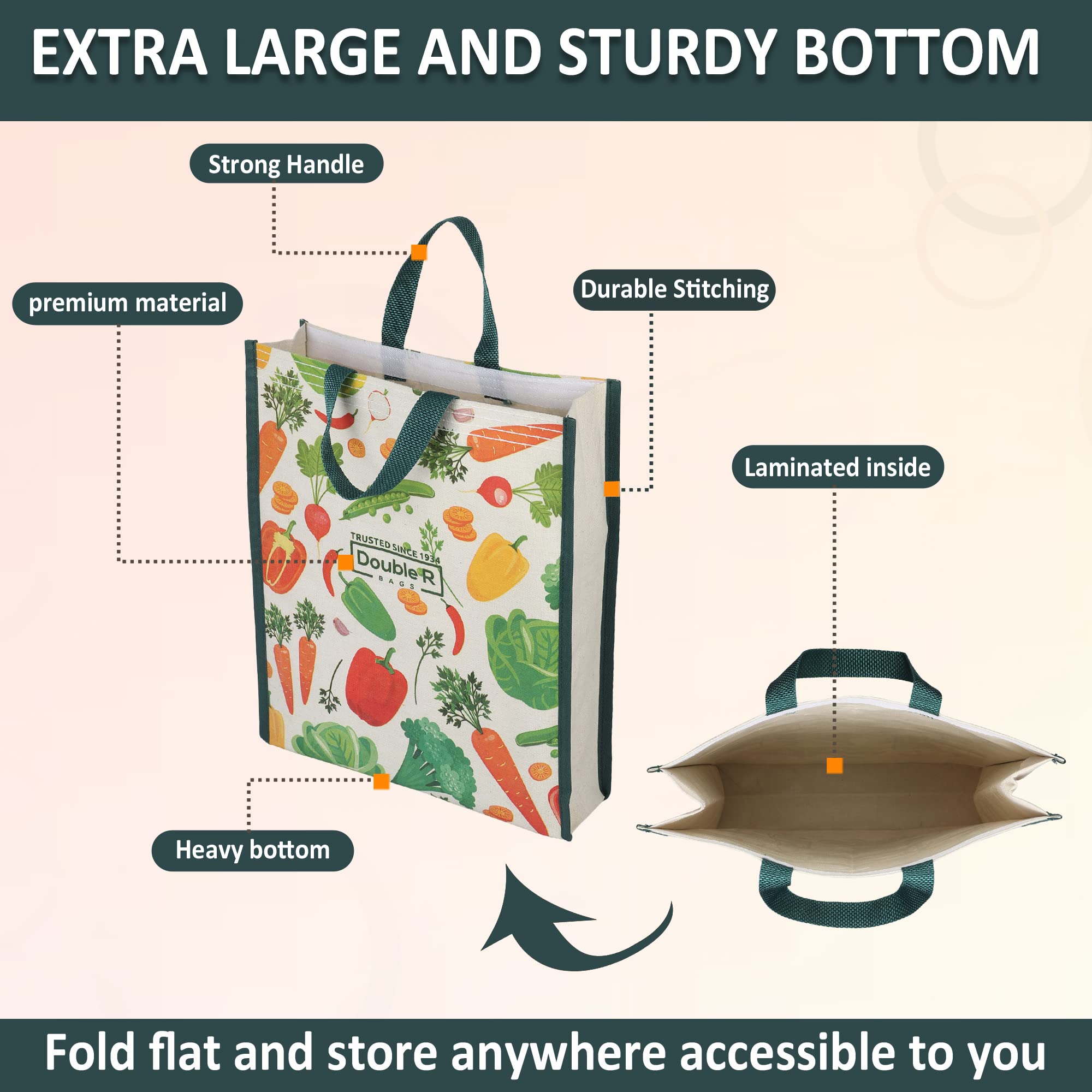 DOUBLE R BAGS Unisex Big Eco Cotton Canvas Shopping BAGS For Carry Milk Grocery Fruits Vegetable With Reinforced Handles Jhola Bag - Kitchen Essential (17X8.5X14-Inches) (VEG-01, Pack Of 1)