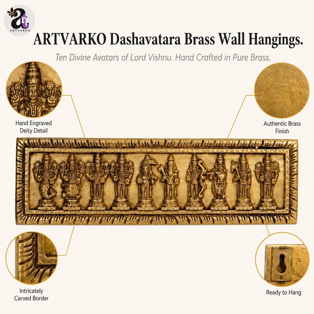 ARTVARKO Brass Dashavatara Dasavatharam of Lord Vishnu Statues Ten Incarnations Avatars Wall Hangings Idol Murti Home Puja Temple Gifts 13 Inches