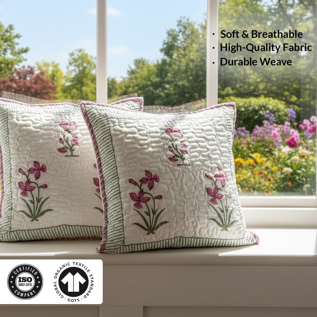 HOMEMONDE Quilted 16 X 16 Inches Soft Throw Cushion Cover - Pack Of 2 Jaipuri Hand Block Print Cotton Pillow Covers, Pink, 300 TC