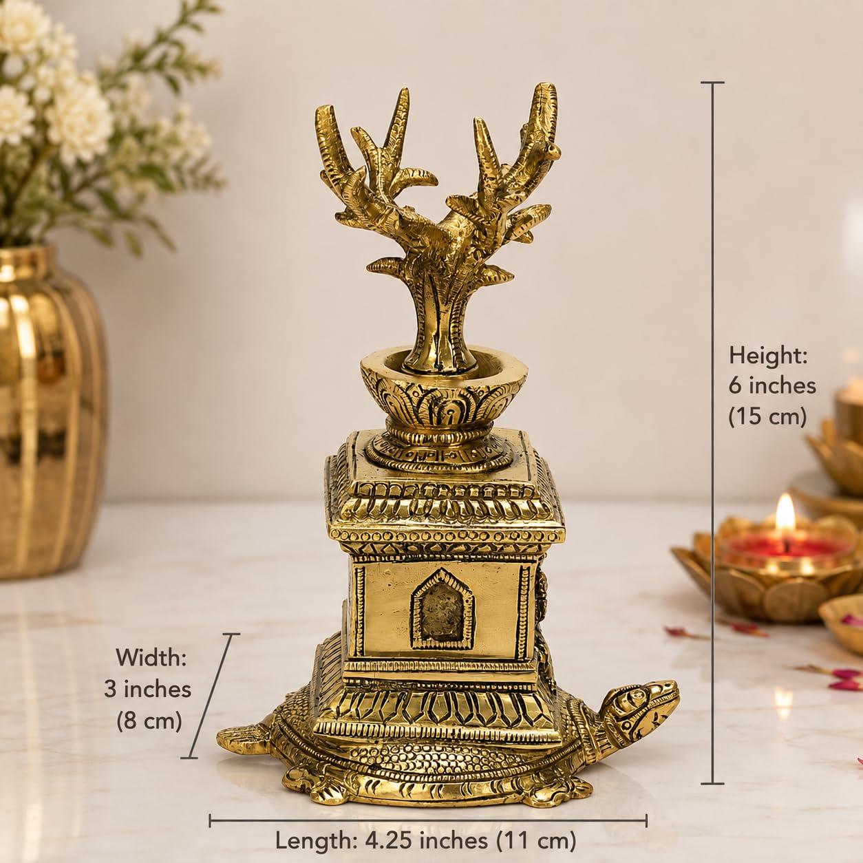 ARTVARKO™ Brass Tulsi (Thulasi) Saligram Plant on Tortoise for Home Décor Mandir Temple Gift Showpiece 6 Inch.
