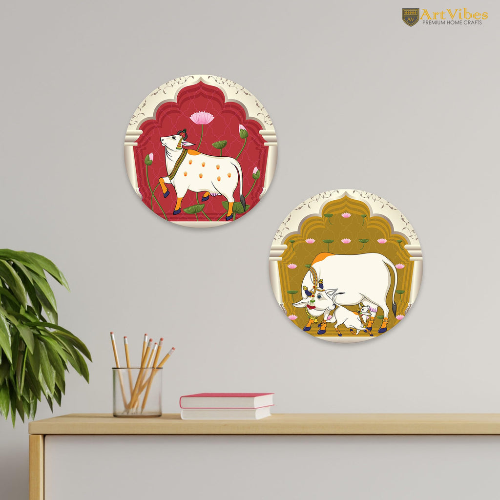 Artvibes Sacred Cow Pichwai Art Round Shape MDF Wooden Wall Decor Items | Living Room | Handcrafted Art | Wall Illustrations | Art Prints | Aesthetic Wall Art | Ideal Gifts (WH_8801NN), Set of 2