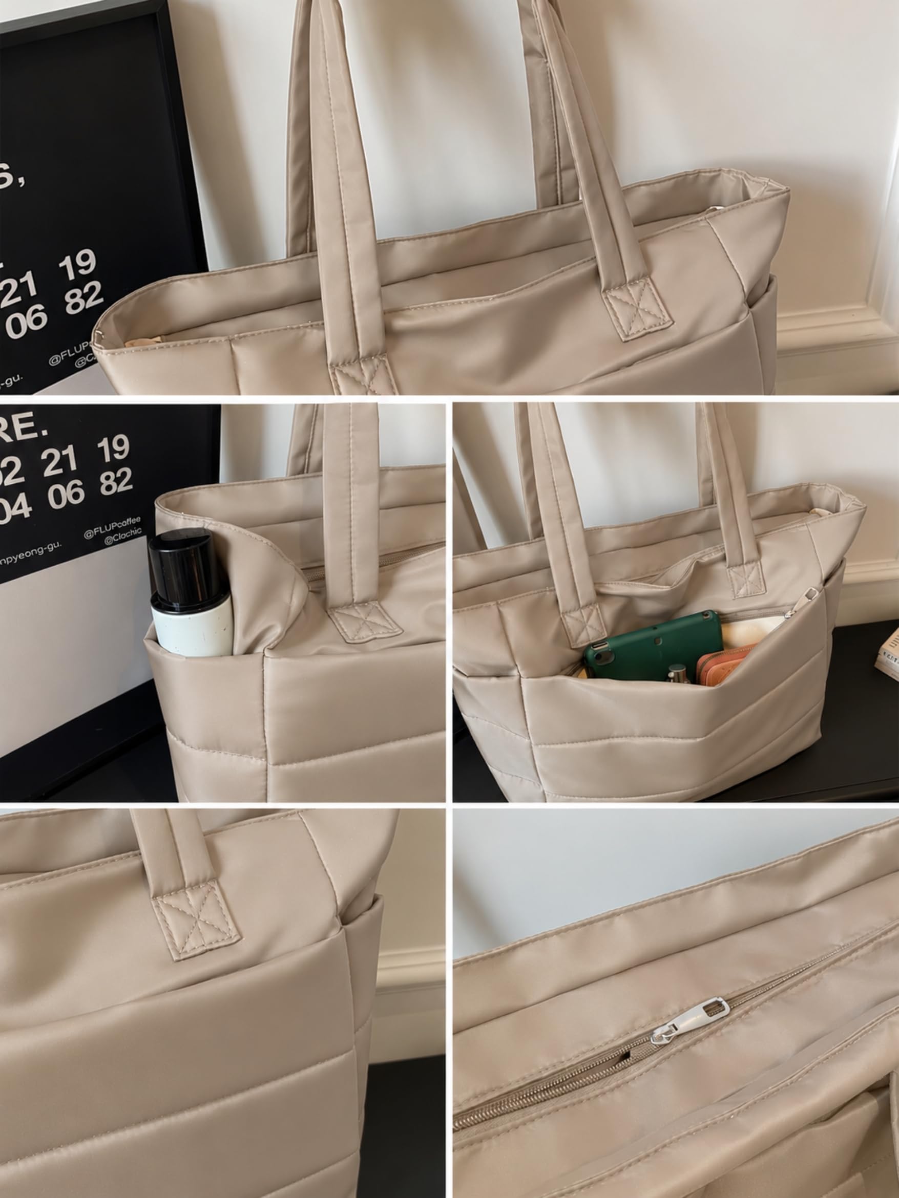 ITALISH Quilted Tote Bag for Travel and Work Lightweight Polyester Puffer Bag for Woman with Multiple Pockets