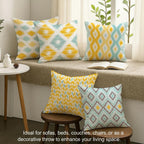 STITCHNEST Set of 5 Polycotton Cushion Covers – 24x24 Inches – Yellow & Aqua Ikat-Inspired Geometric Print – Vibrant Cushion Covers for Sofa, Couch & Living Room | Perfect for Home Decor