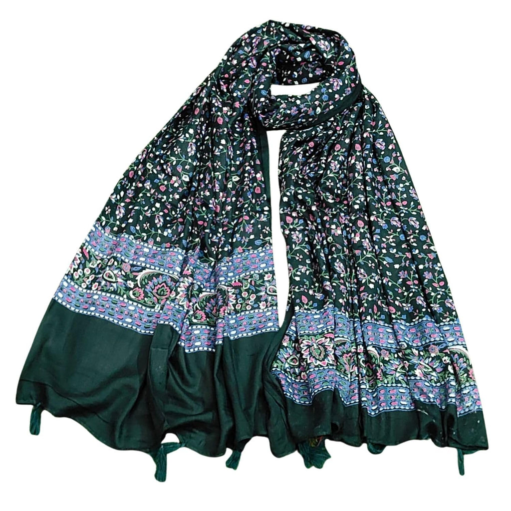 JAHAN TEXTILE kai Floral Printed Scarf for Women | Soft Lightweight Dupatta/Stole with Tassels | Elegant Ethnic & Casual Wear Wrap | Stylish Designer Shawl for All Seasons (Dark Green)