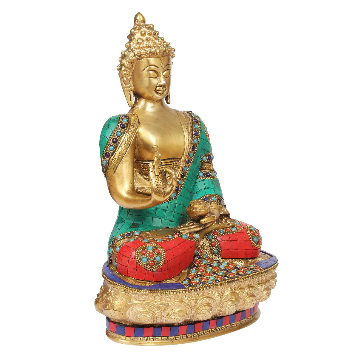 Svarup Brass Gautam Buddha Idol Statue Murti Draped in Stone Embellished Shawl for Home Decoration Blessing Buddha Height 12 Inch Weight 4.8 Kg Color Multicolor